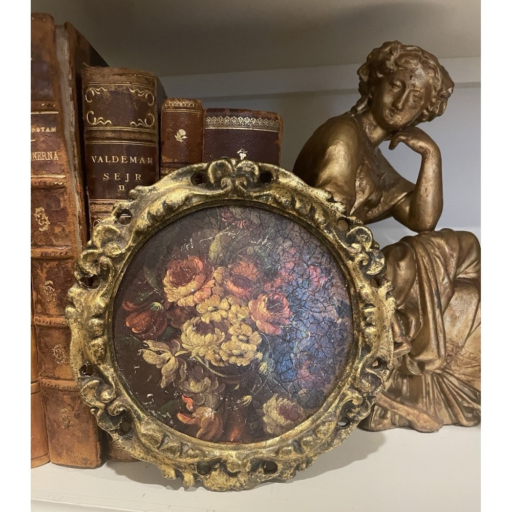 Vtg Italian Florentine European Floral Still Life Gold Gilt‎ Wood 6" Wall Art